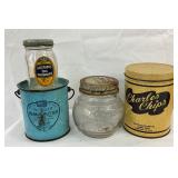 Tin Containers and Vintage Glass Jars Including Charles Chips and Hellmann’s