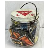 Vintage Tom’s 1¢ Glass Jar with Advertising Matchbooks