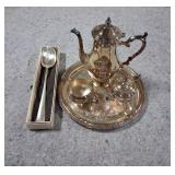 Silver Plate Tea Set & Serving Spoon
