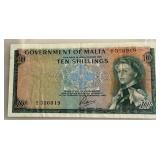 Rare 1949 Malta 10 Shillings Note