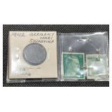 1942 German 10 Pfennig WWII Coin with 2 Vintage Stamps