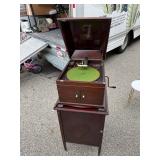 Victrola VV-IX-A Mechanical Hand-Crank Phonograph with Record Storage Cabinet Base