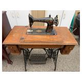 Antique Singer Treadle Sewing Machine in Oak Cabinet with Cast Iron Base & Accessories