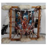Native American on Horse Hand Painted on Stretched Hide with Fur and Feathers Wall Art