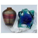Weller LaSa Iridescent Luster Pottery Vase & Vintage Murano Art Glass Dish - Green/Blue