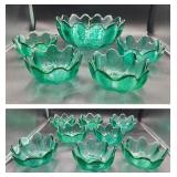 Green Blenko Art Glass Lotus Salad Set - Centerpiece Bowl and 12 Salad Bowls