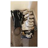 Assorted Ice Skates, Roller Skates, and Gioca Carrying Bag