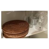 Kitchenware and Entertaining Supplies Lot with Rattan Placemats and Beverage Dispensers