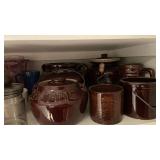 Assorted Brown Glazed Ceramic Bean Pots, Crocks, and Mugs Lot