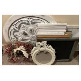 Home Decor Lot with Round Metal Medallion, Ornate Mirror, and Block Signs
