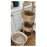 Three Tier Woven Basket Shelf Tower and Two Tone Coiled Fabric Storage Bin