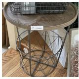 Round Wood Top Accent Table with Wire Basket Style Metal Base