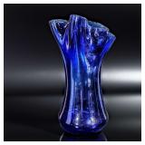 Vintage Mid-Century Cobalt Glass Ruffled Handkerchief Vase