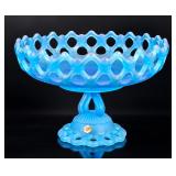 Westmoreland Doric Blue Satin Glass Open Lace Compote – Mid-Century