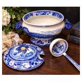 Antique Stanley Pottery Touraine Flow Blue Soup Tureen with Ladle