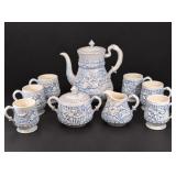1971 Majolica-Style Blue & White Raised-Relief 11-Piece Coffee Set