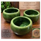 Set of 3 Handmade Green Studio Pottery Bowls – Signed