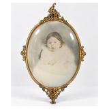 Large Ornate Brass Oval Portrait Frame with Convex Glass