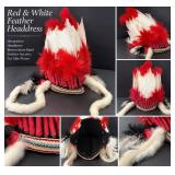 Red & White Feather Headdress with Fur & Woven Brow Band