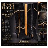 New Susan Lucci Black Suede Knee-High Boots with Gold Chain – Size 7W