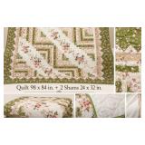 Shabby Chic Pink & Sage Patchwork Quilt Set with 2 Shams