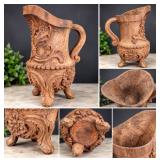 Large Hand-Carved Wood Ewer with Floral Scrollwork – 15"