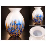 White Art Glass Vase with Blue & Amber Spatter – 9"