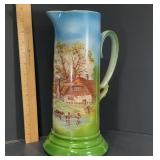 Tall Antique German Hand-Painted Scenic Porcelain Pitcher, c. 1900