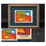 Signed Mid-Century Modern Abstract Flute Player Art – Framed