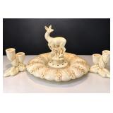 1930s–40s Red Wing Acanthus Console Set – Deer Flower Frog & Candlesticks