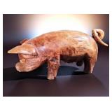 Mid-Century Hand-Carved Wood Pig Folk Art Sculpture