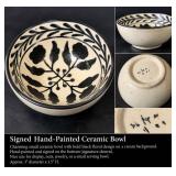Signed Hand-Painted Black & Cream Floral Ceramic Bowl