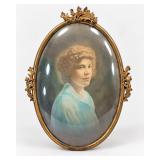 Large Brass Oval Portrait Frame with Convex Glass & Lady Print