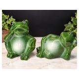 Pair Green Ceramic Frog Figurines