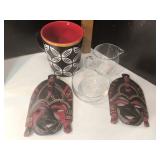 Starbucks Mug, 2 Carved Wood Masks, Glass Creamer & Bowl