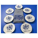 Days-of-the-Week Blue & White Embroidered Trivets + Towel – 8 Pc
