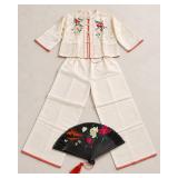 Asian Silk 2-Pc Outfit – Embroidered Birds & Florals with Fan