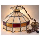 Stained Glass Hanging Swag Lamp - Cream, Red & Amber Panels, Brass Canopy