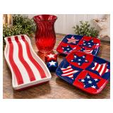Patriotic Red White & Blue Serving Lot - Star Plates, Striped Tray, Vase & Shakers
