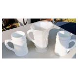 Pair Heavy Indiana Glass Milk Glass Mugs & AH Milk Glass Pitcher