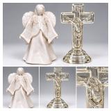 Ceramic Angel Figurine & Glass Crucifix Religious Decor Lot
