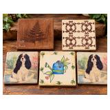 5 Decorative Ceramic Tile Coasters - Mikasa, Dogs, Fern & Scroll Designs