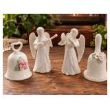 4 Pc White Porcelain Angel Musicians & Floral Bells