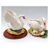 Pair White Swan Figurines - Raised Wings & Mother Swan with Cygnets