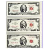 Lot of 3 - Crisp - UNC - Consecutive Numbered $2 - Red Seal Legal Tender Notes