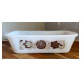 Vintage Glasbake White Milk Glass Loaf Pan w/Brown Floral Tulip Pattern