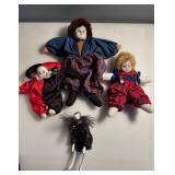 4 Assorted Porcelain / Bisque Head Clown / Jester Dolls
