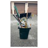 Rubbermaid 30 Gallon Waste Bin Containing Assorted Yard Tools & Decor