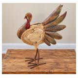 Autumn Turkey Sculpture with Body Made of Layered Wooden Rounds and a Rustic Fanned Metal Tail