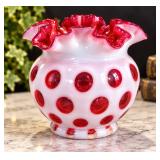 Fenton Cranberry Opalescent Coin Dot Ruffled Art Glass Vase Apx 6" – Potterville